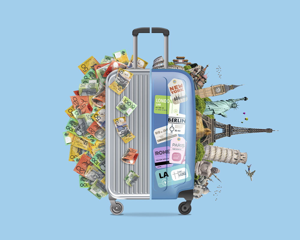Suitcase with cash on the left side and landmarks on the right on a blue background