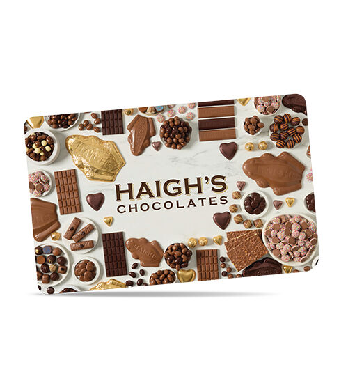 Haighs Chocolates Gift card title in centre surrounded by chocolates