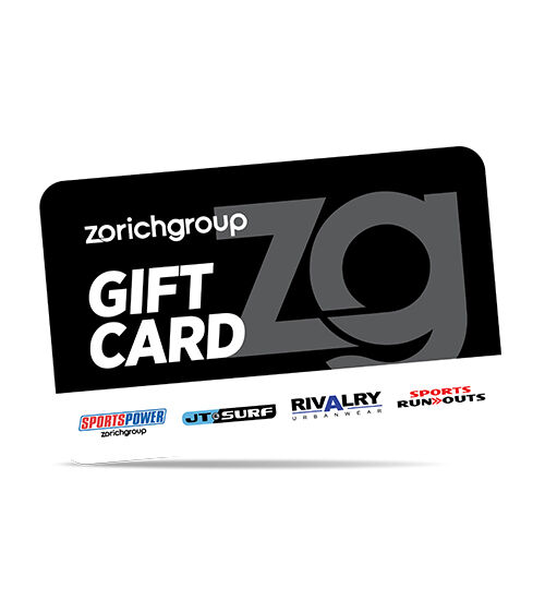 Zorich Group Gift card title in black band with collage of participating store logos along baseline
