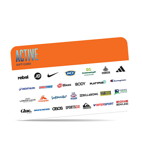 Multi store Active Gift card title in orange band with collage of participating store logos