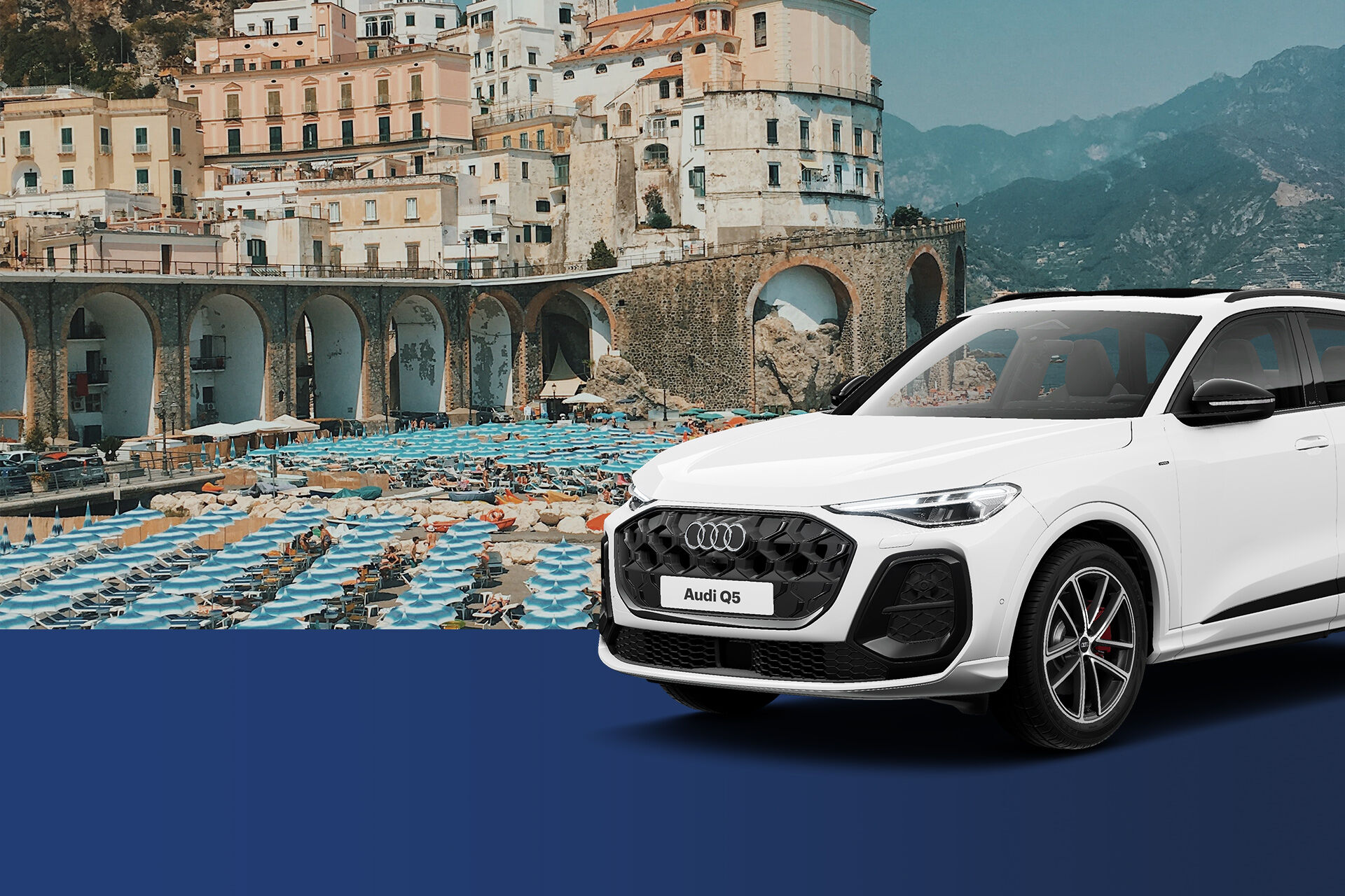 Italian beach with vintage colouring plus white AudiQ5 SUV with blue border