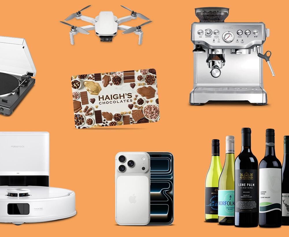 Collage of entertainment prizes including coffee machine robovac wine and gift cards on an orange background