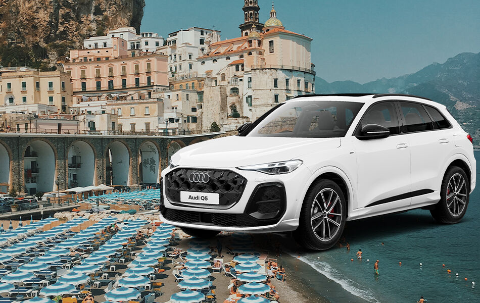Italian beach with vintage colouring plus white AudiQ5 SUV