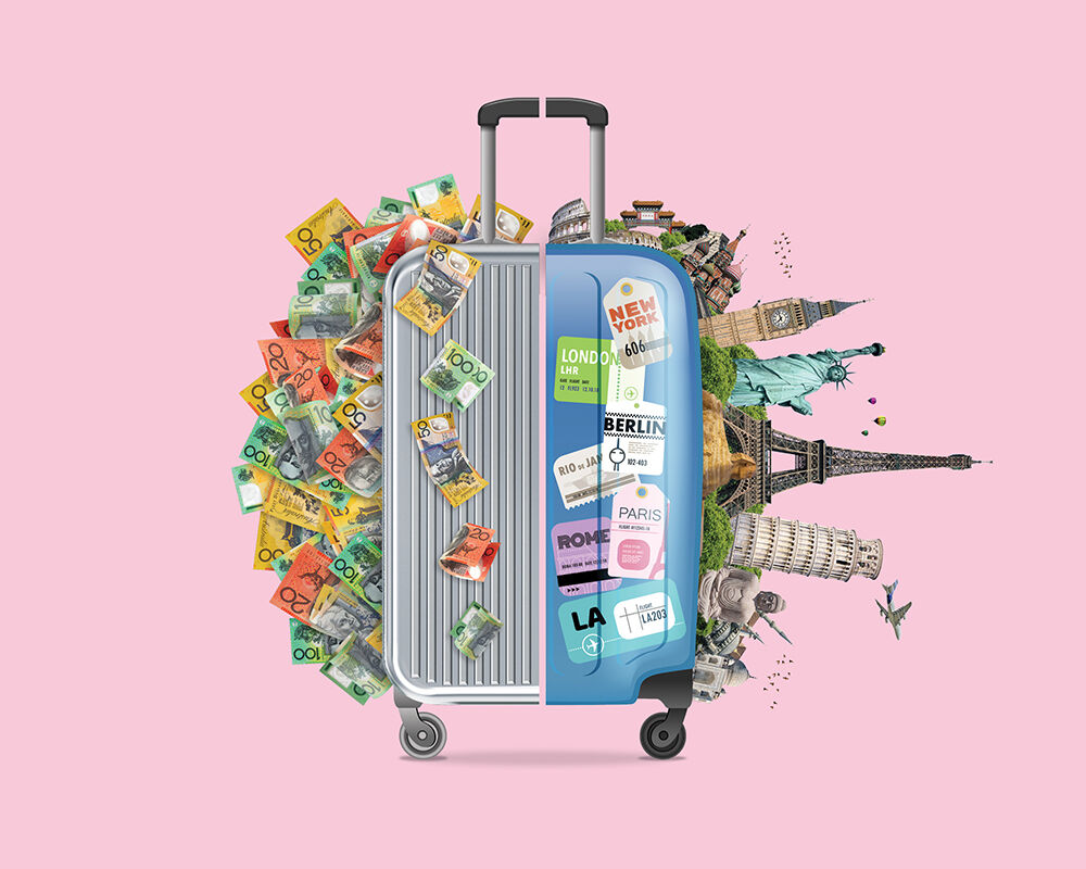 Suitcase split with cash on the left and travel landmarks on the right pale pink background