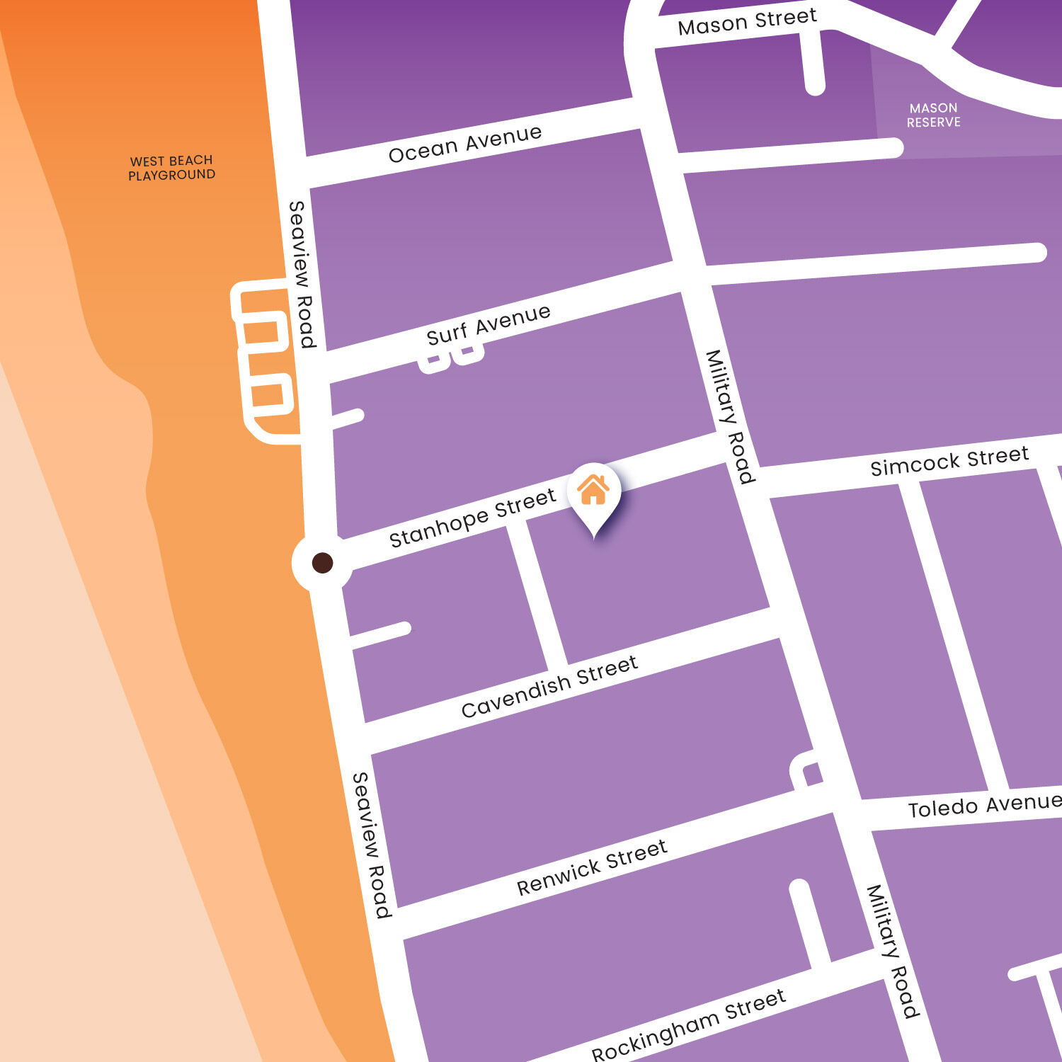light purple map of west beach with house pin on 9 stanhope street