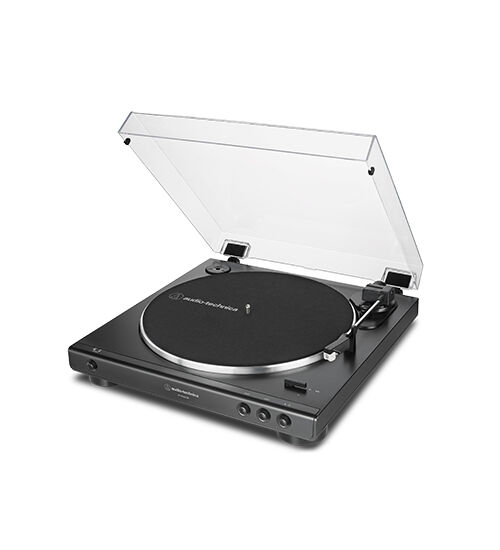 Black modern vinyl record player with clear lid