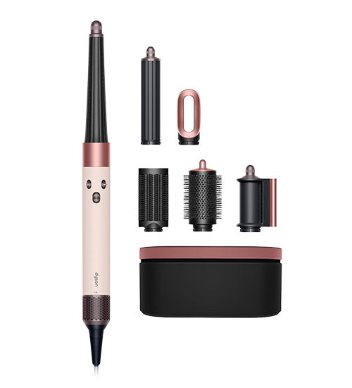 Dyson air wrap hair styling tool with accessories in ceramic soft pink