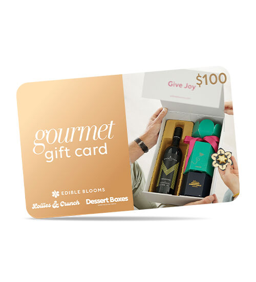 Gourmet Gift Card title in gold band with white logos and photo of giftbox with100dollars in corner